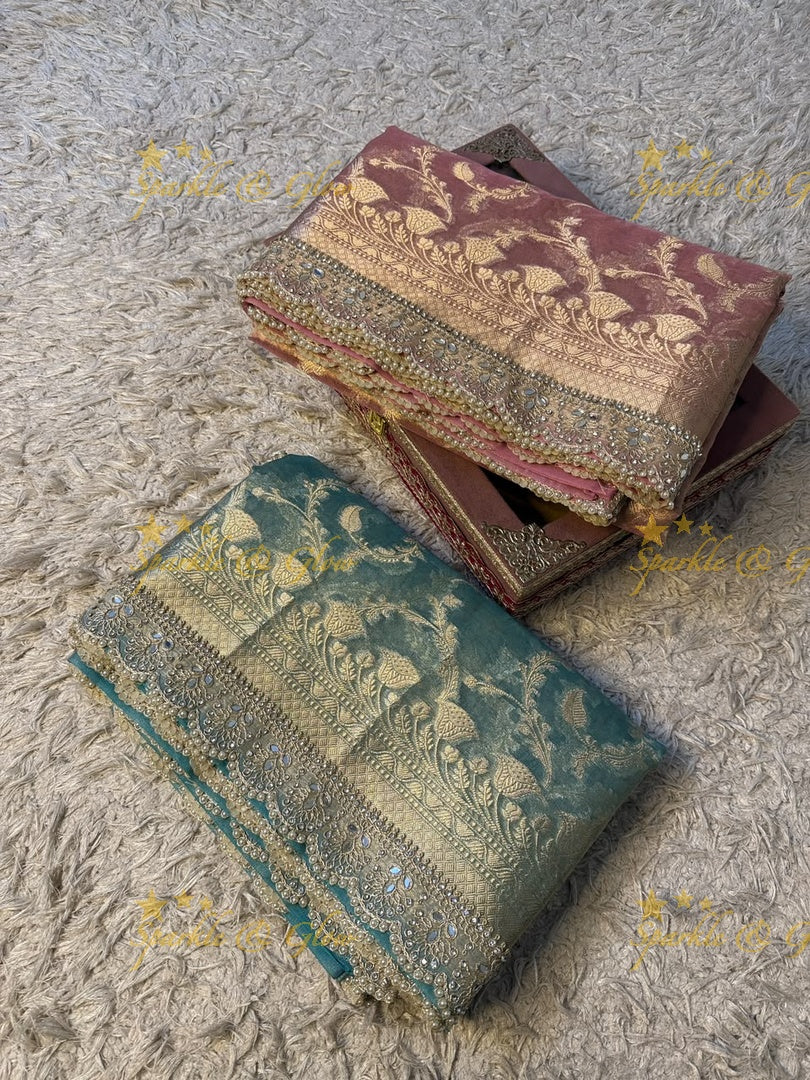 Heavy Pearls,Mirror Lace hand work border Exquisite floral jaai weaving design showacasing the rich weaving tradition of Banarasi