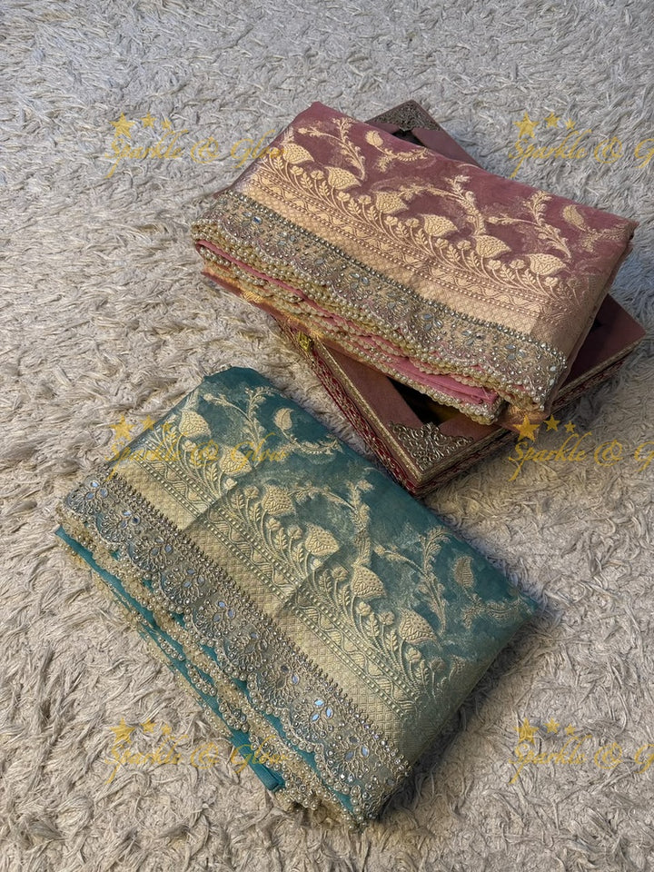 Heavy Pearls,Mirror Lace hand work border Exquisite floral jaai weaving design showacasing the rich weaving tradition of Banarasi