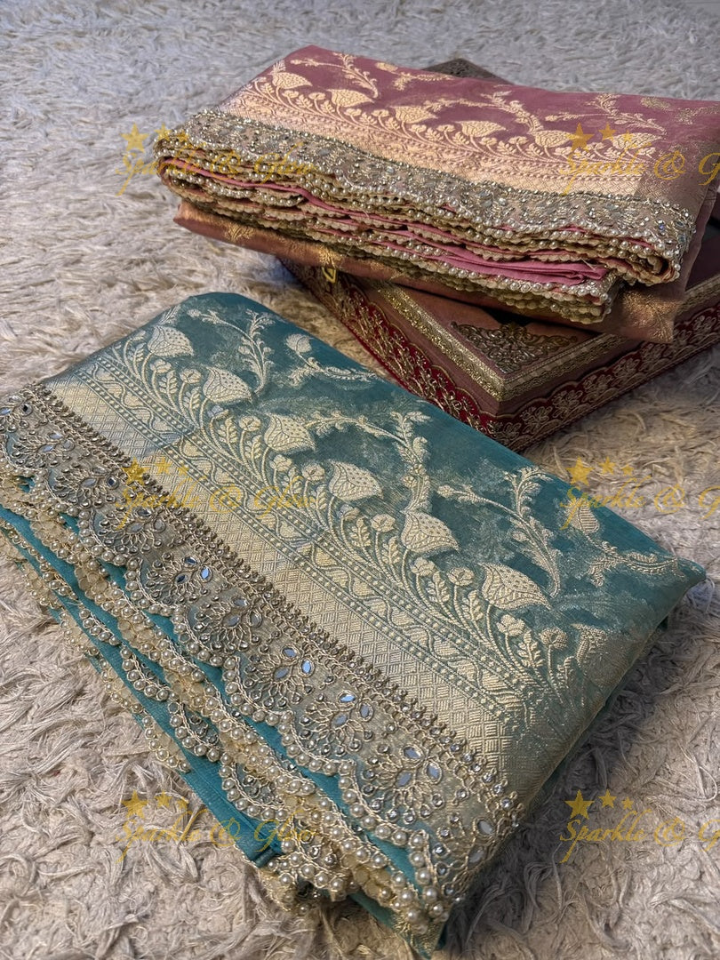 Heavy Pearls,Mirror Lace hand work border Exquisite floral jaai weaving design showacasing the rich weaving tradition of Banarasi