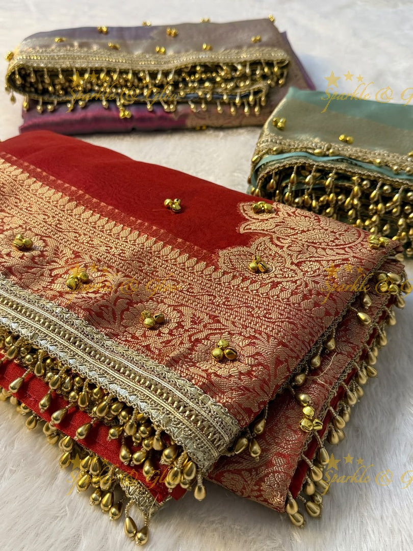 Exquisite Red Banarasi Saree with Ghungroo Edge