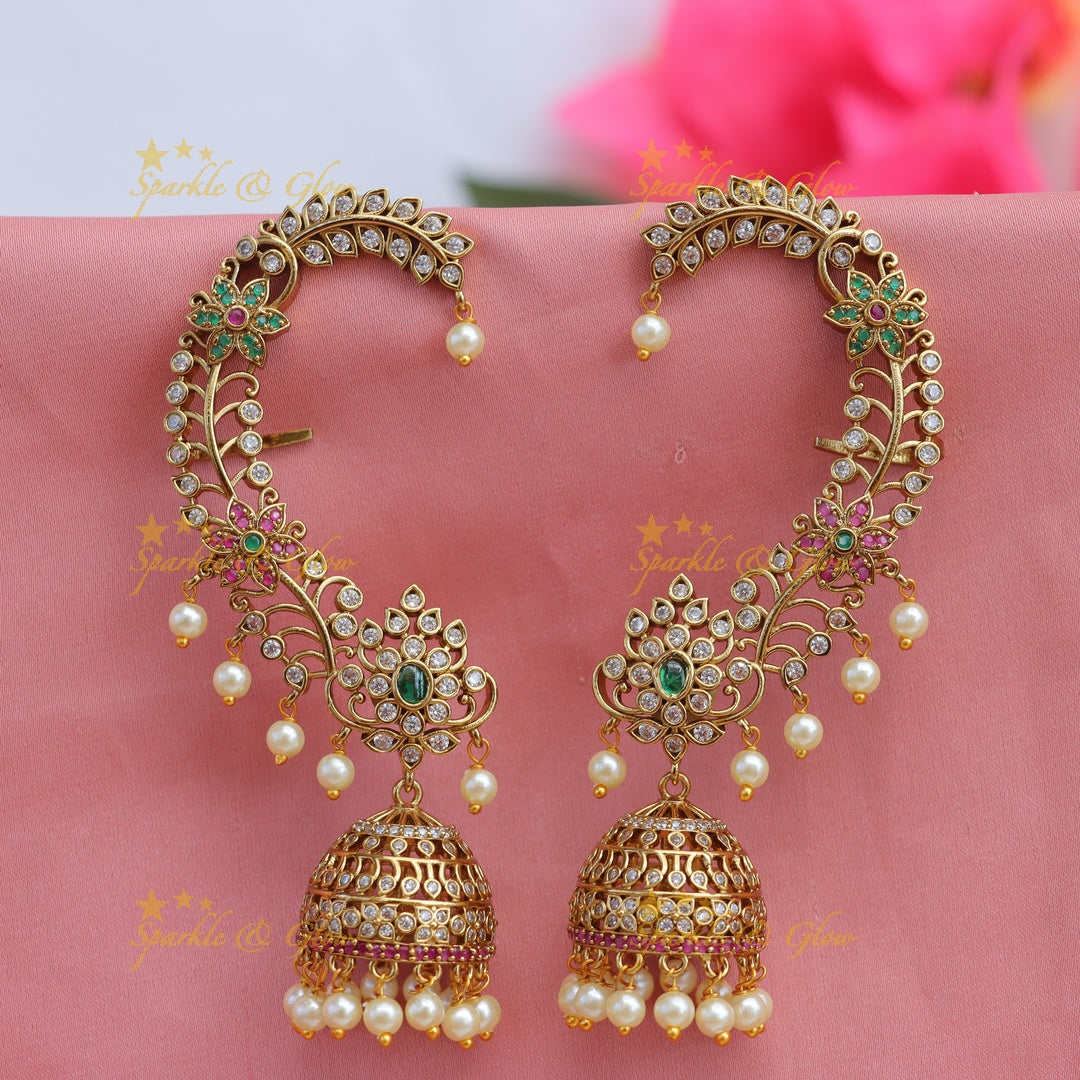 Grand Leaf Floral CZ Ear Cuff Jhumka Earrings