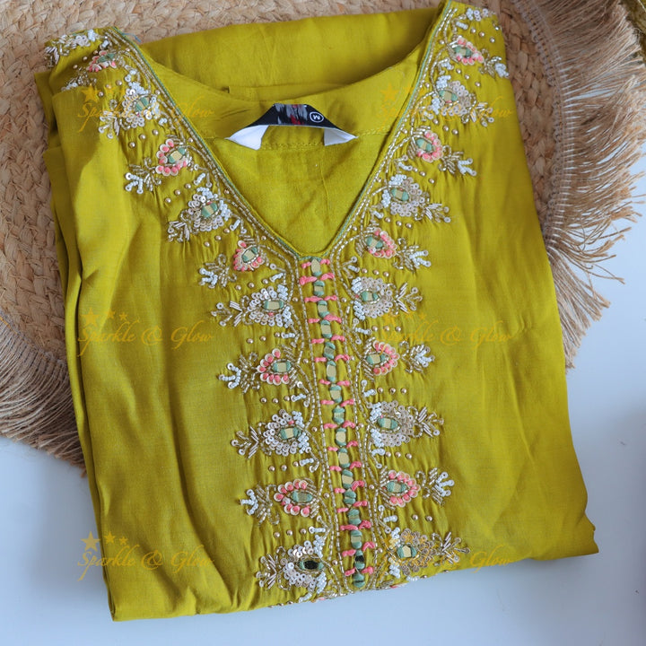 Gorgeous Roman Silk Kurti pant with Banarasi jacquard Dupatta set- Mustard Yellow