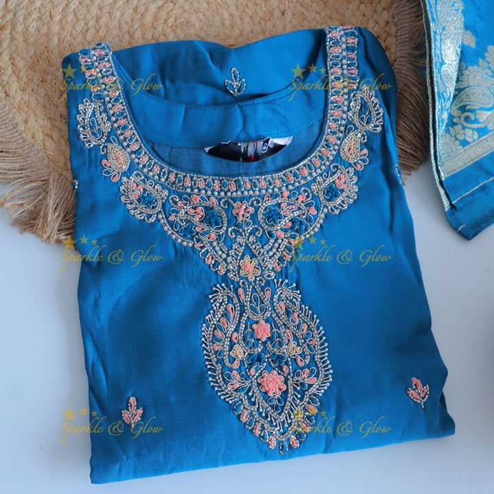 Gorgeous Roman Silk Kurti pant with Banarasi jacquard Dupatta set- Blue