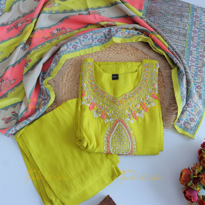 Stunning Modal Silk Kurti pant with digital Print Dupatta set - Lemon Yellow