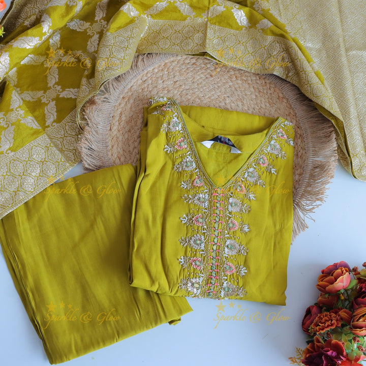 Gorgeous Roman Silk Kurti pant with Banarasi jacquard Dupatta set- Mustard Yellow