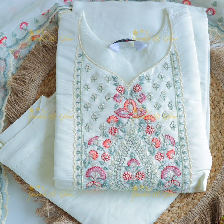 Beautiful Modal Silk Kurti pant with Organza Dupatta set- White