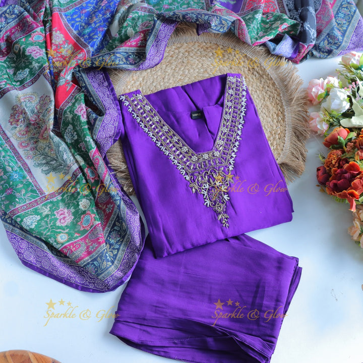 Stunning Modal Silk Kurti pant with digital Print Dupatta set- Purple