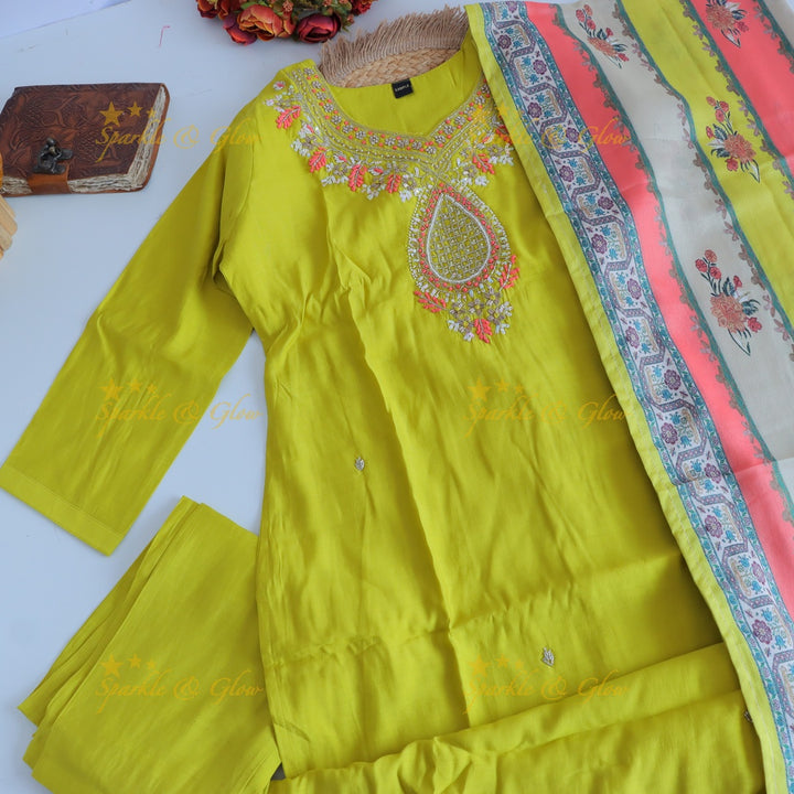 Stunning Modal Silk Kurti pant with digital Print Dupatta set - Lemon Yellow