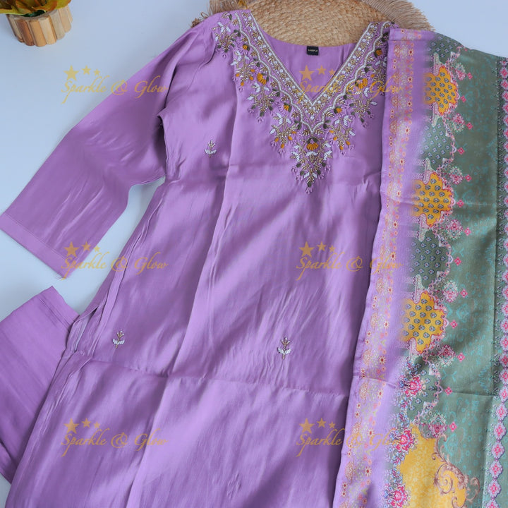 Stunning Modal Silk Kurti pant with digital Print Dupatta set - Lavender