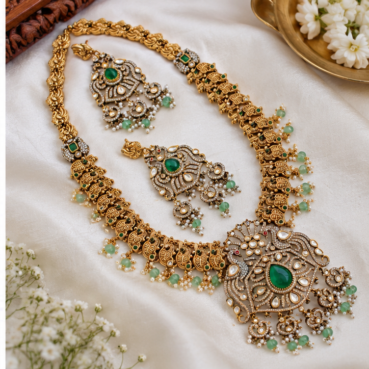 Peacock Victorian AD Necklace with Emerald Beads