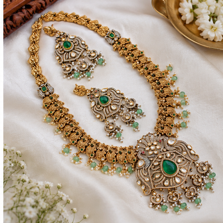 Peacock Victorian AD Necklace with Emerald Beads