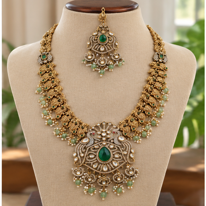 Peacock Victorian AD Necklace with Emerald Beads