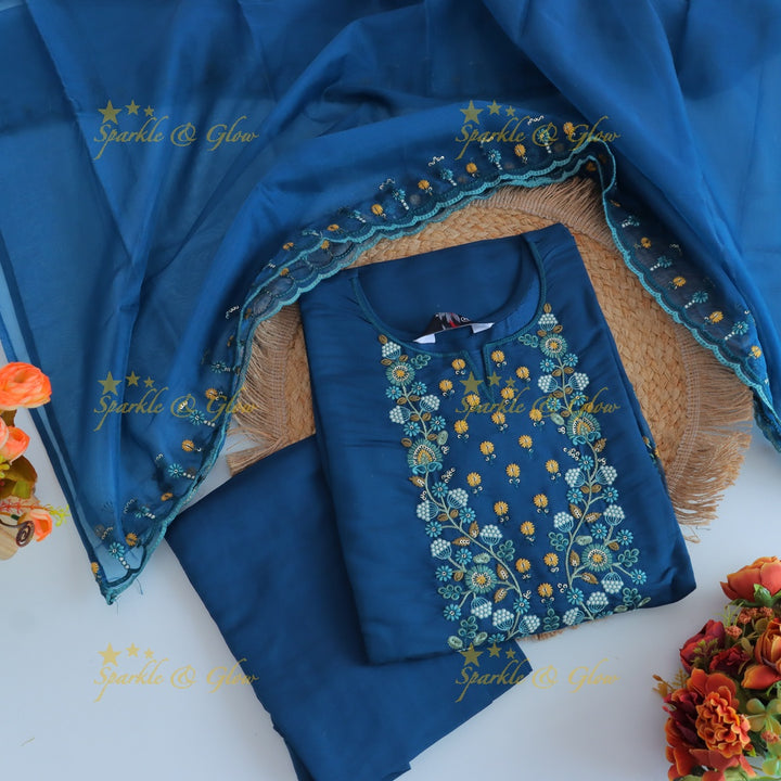 Beautiful Modal Silk Kurti pant with Organza Dupatta set- Blue