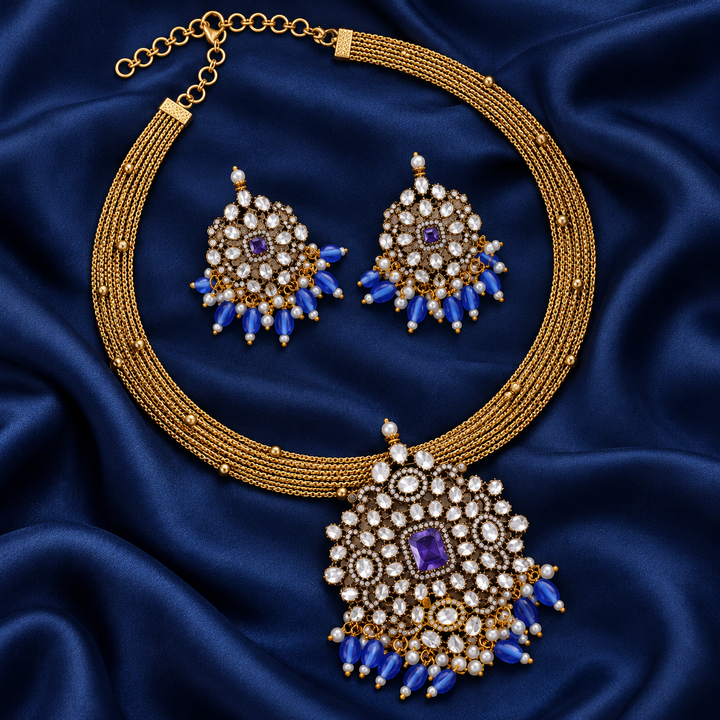 Victorian Blue Bead Necklace Set for Festive Glam