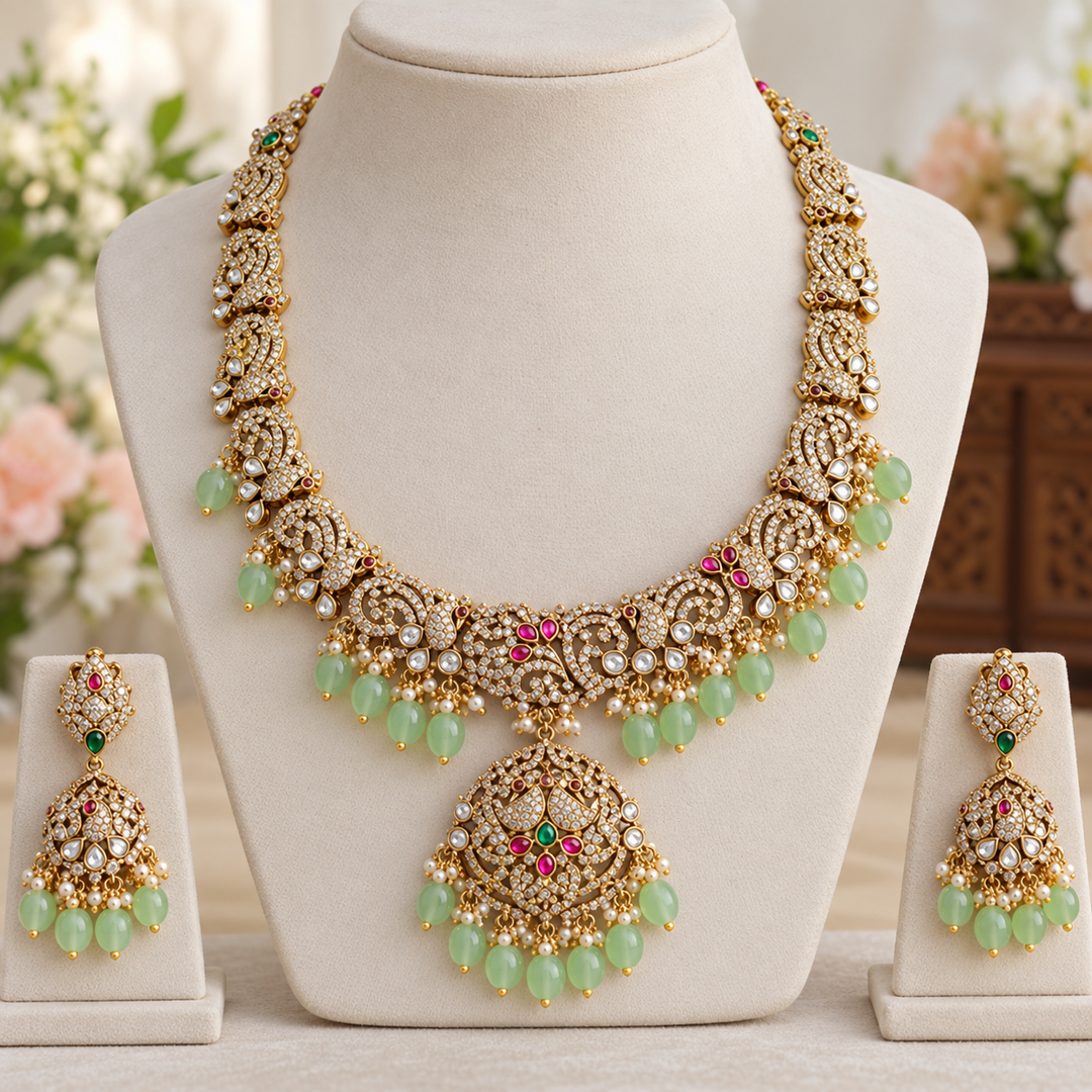 Victorian AD Long Necklace with Purple Beads – Peacock Design