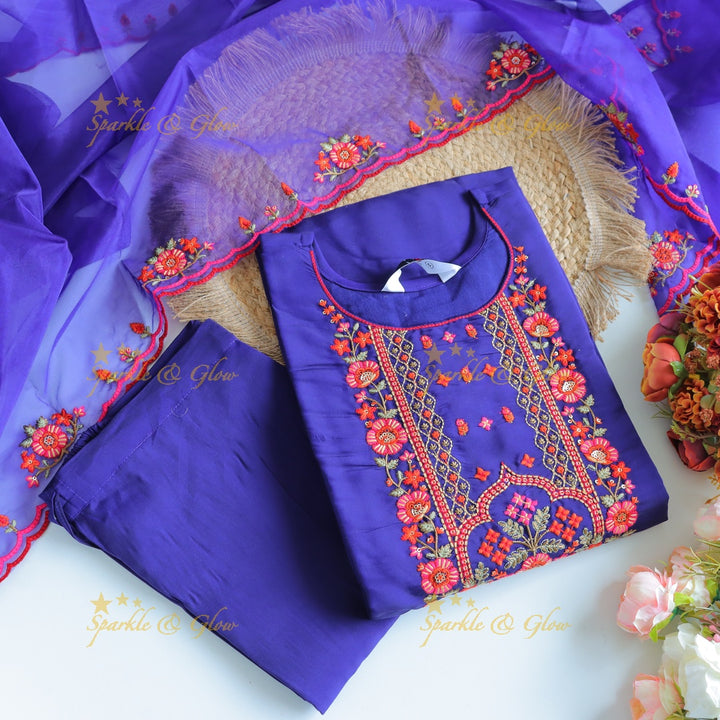 Beautiful Modal Silk Kurti pant with Organza Dupatta set- Purple
