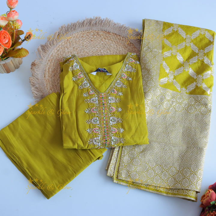 Gorgeous Roman Silk Kurti pant with Banarasi jacquard Dupatta set- Mustard Yellow