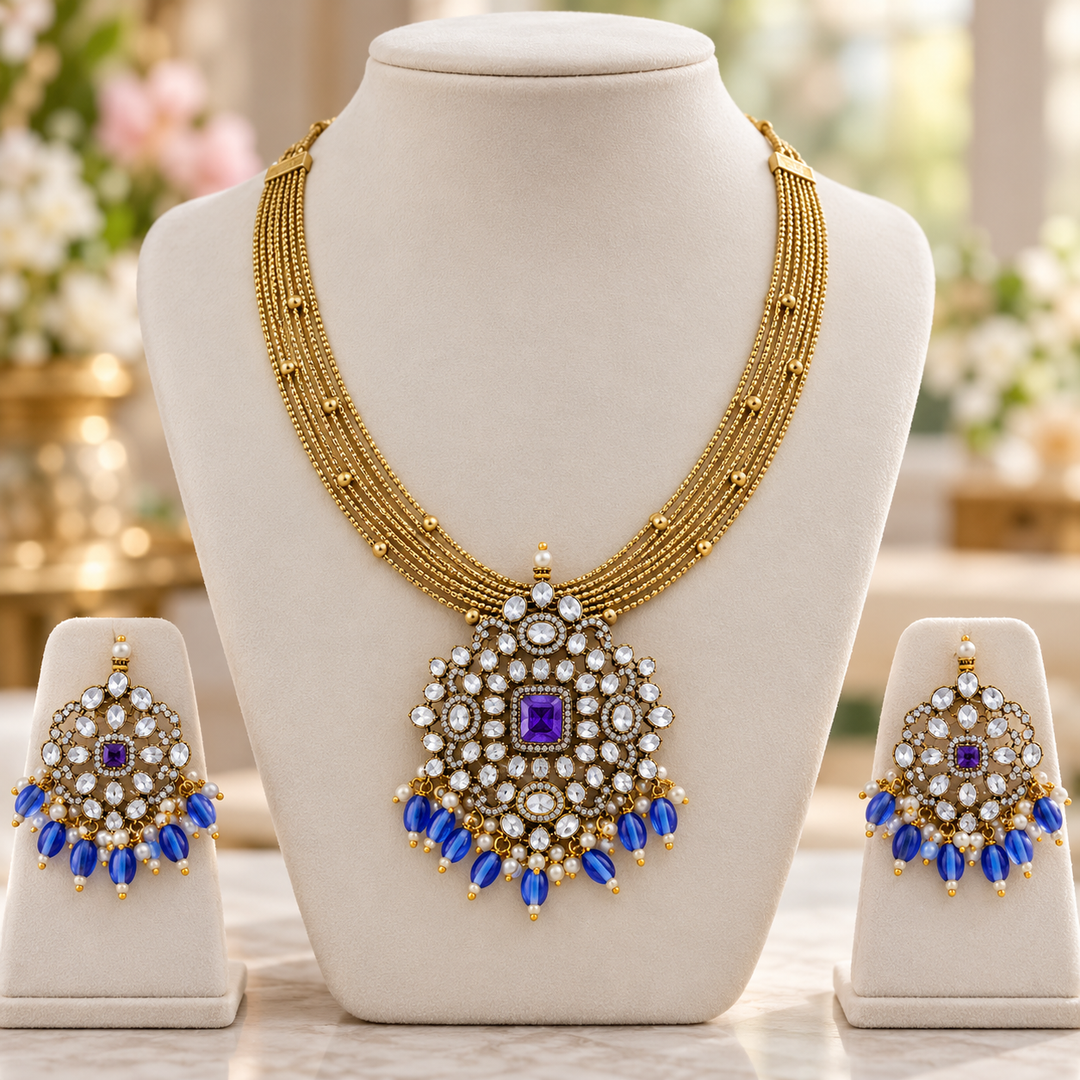 Victorian Blue Bead Necklace Set for Festive Glam