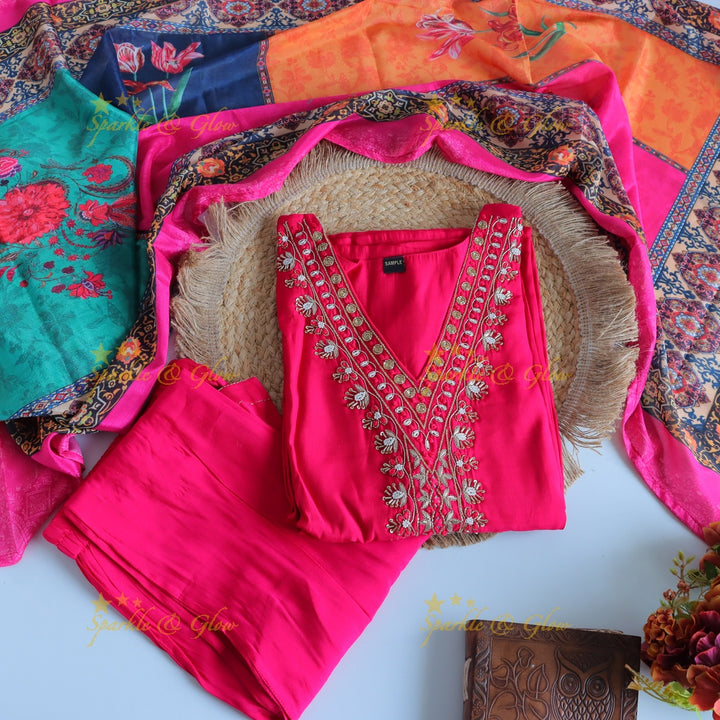 Stunning Modal Silk Kurti pant with digital Print Dupatta set- Pink