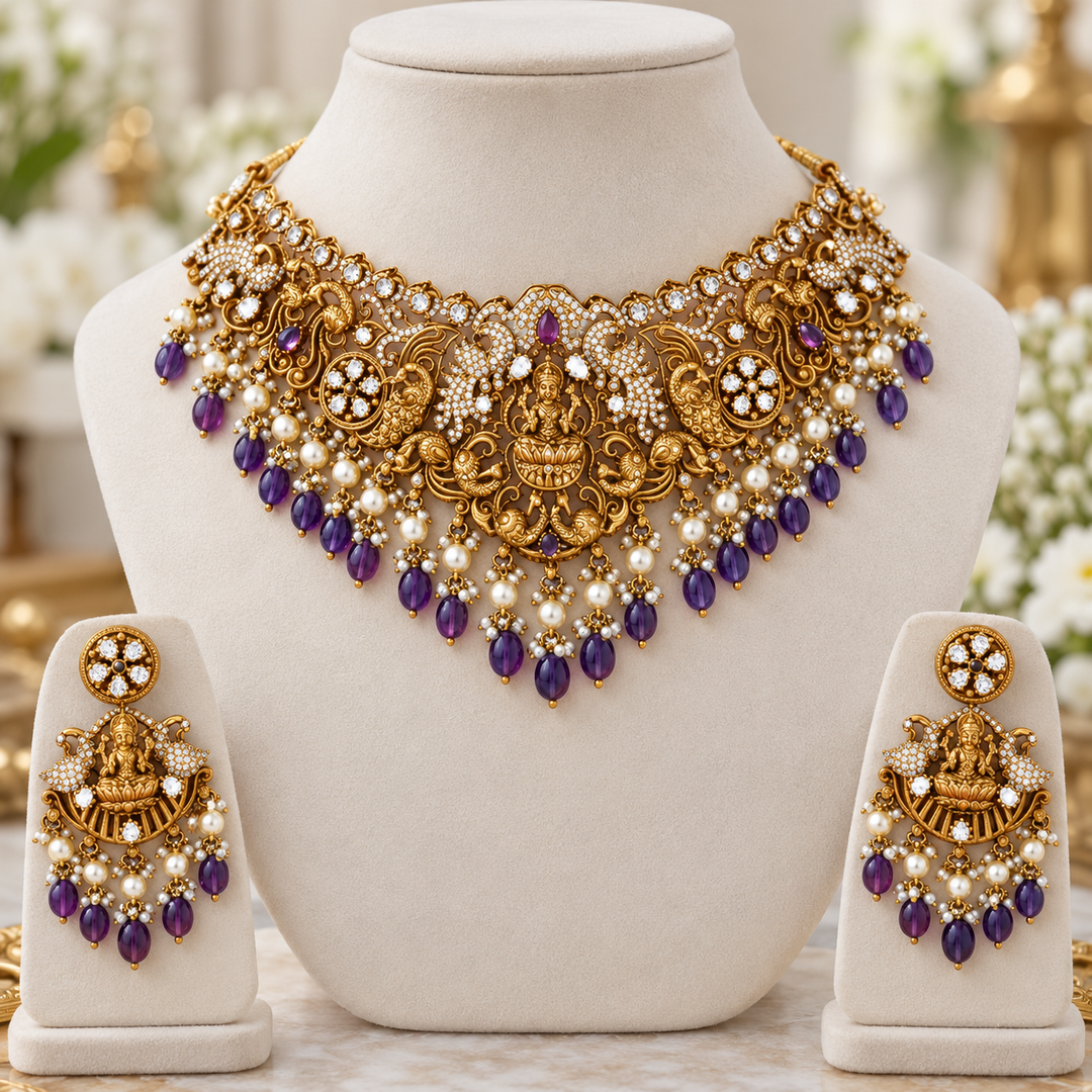 Exquisite Temple Style Lakshmi Peacock Necklace Set