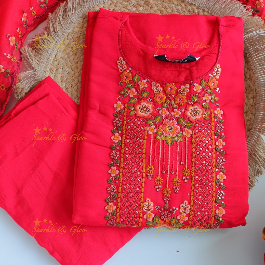 Beautiful Modal Silk Kurti pant with Organza Dupatta set- Pink