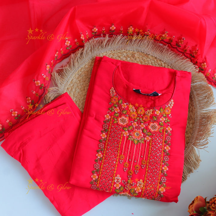 Beautiful Modal Silk Kurti pant with Organza Dupatta set- Pink