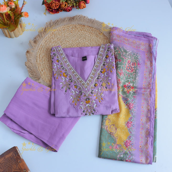 Stunning Modal Silk Kurti pant with digital Print Dupatta set - Lavender