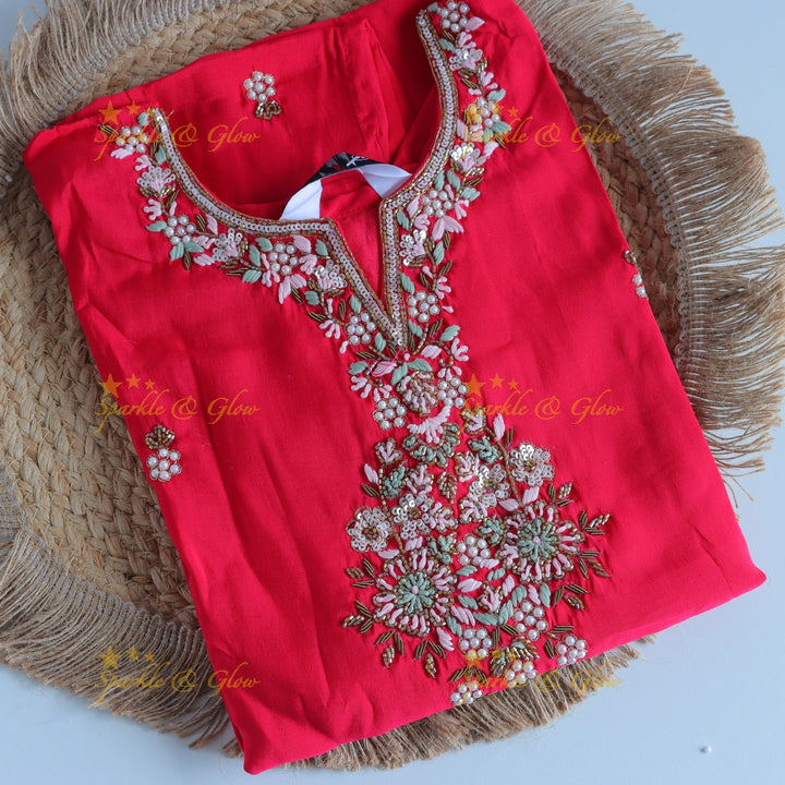 Gorgeous Roman Silk Kurti pant with Banarasi jacquard Dupatta set- Red