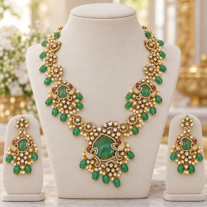 Victorian Floral Kundan Necklace Set - Timeless Elegance