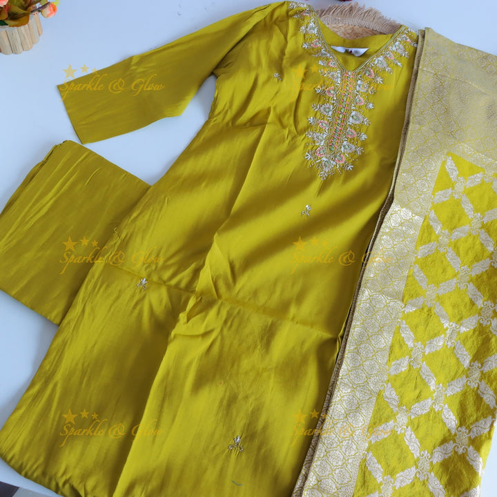 Gorgeous Roman Silk Kurti pant with Banarasi jacquard Dupatta set- Mustard Yellow