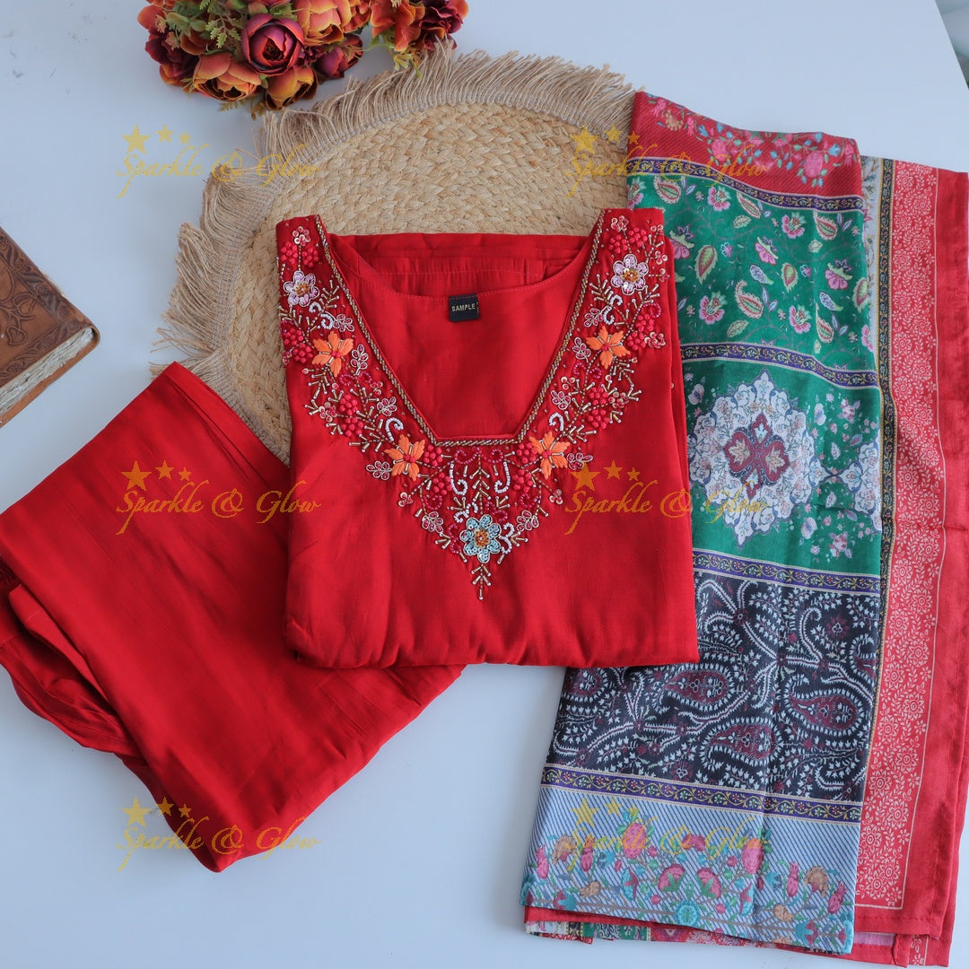 Stunning Modal Silk Kurti pant with digital Print Dupatta set- Red