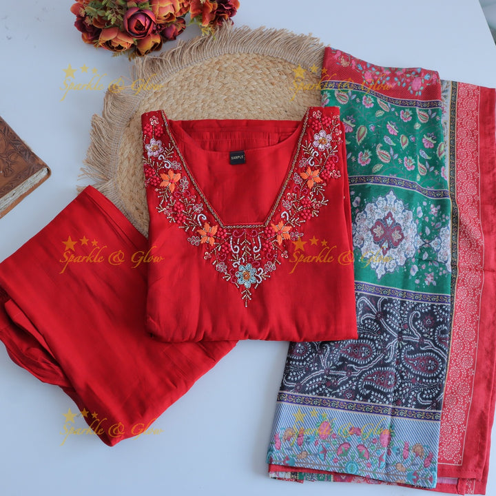Stunning Modal Silk Kurti pant with digital Print Dupatta set- Red