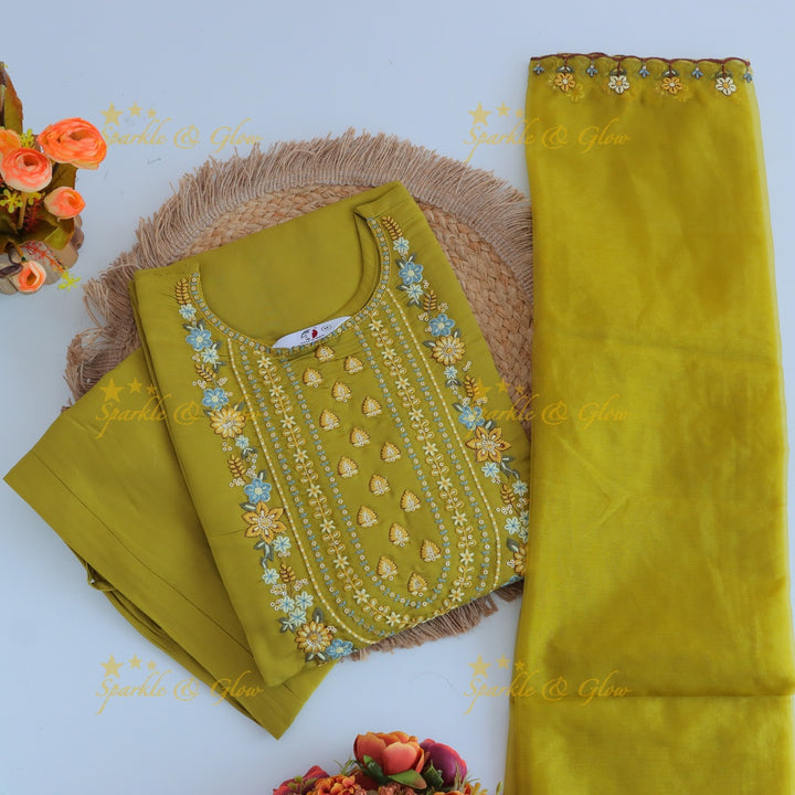 Beautiful Modal Silk Kurti pant with Organza Dupatta set- Mustard Yellow