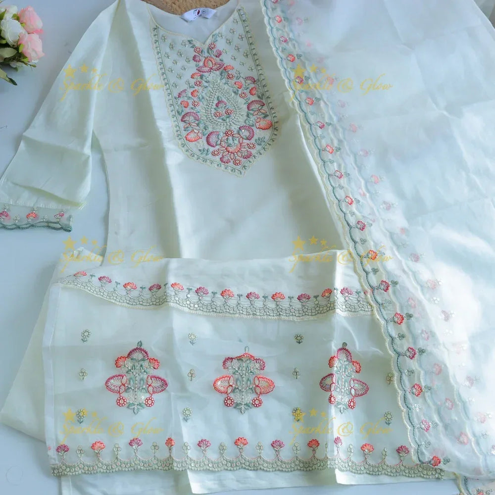 Beautiful Modal Silk Kurti pant with Organza Dupatta set- White - Sparkle and Glow