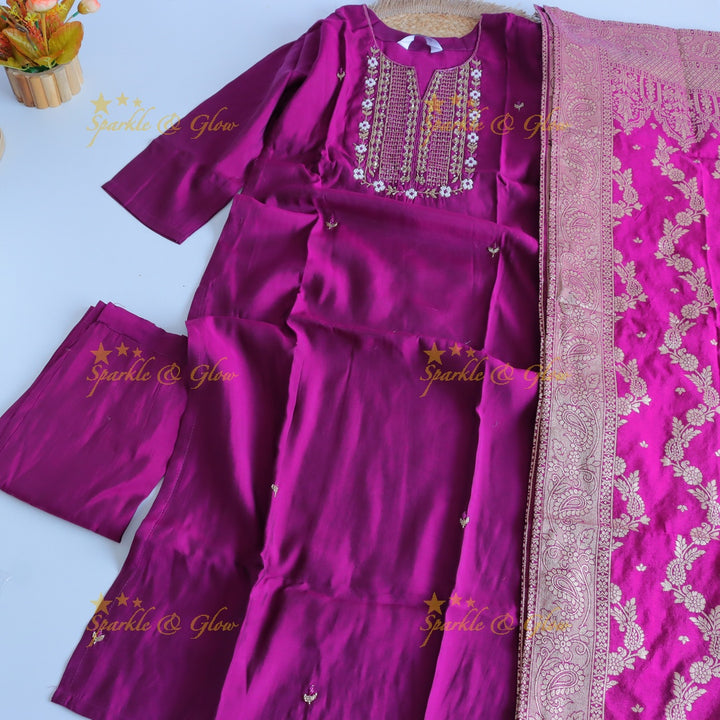 Gorgeous Roman Silk Kurti pant with Banarasi jacquard Dupatta set- Pink