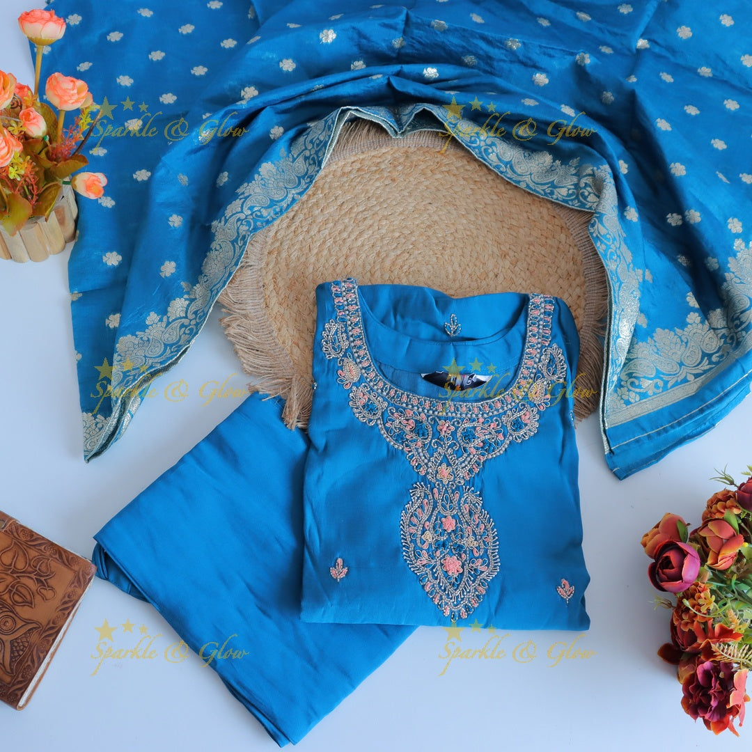 Gorgeous Roman Silk Kurti pant with Banarasi jacquard Dupatta set- Blue