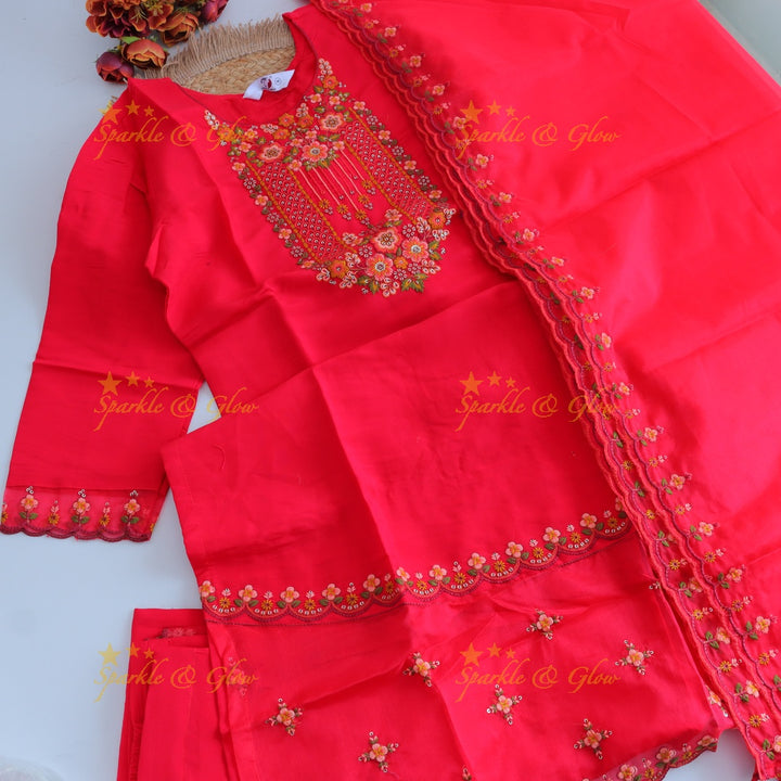 Beautiful Modal Silk Kurti pant with Organza Dupatta set- Pink