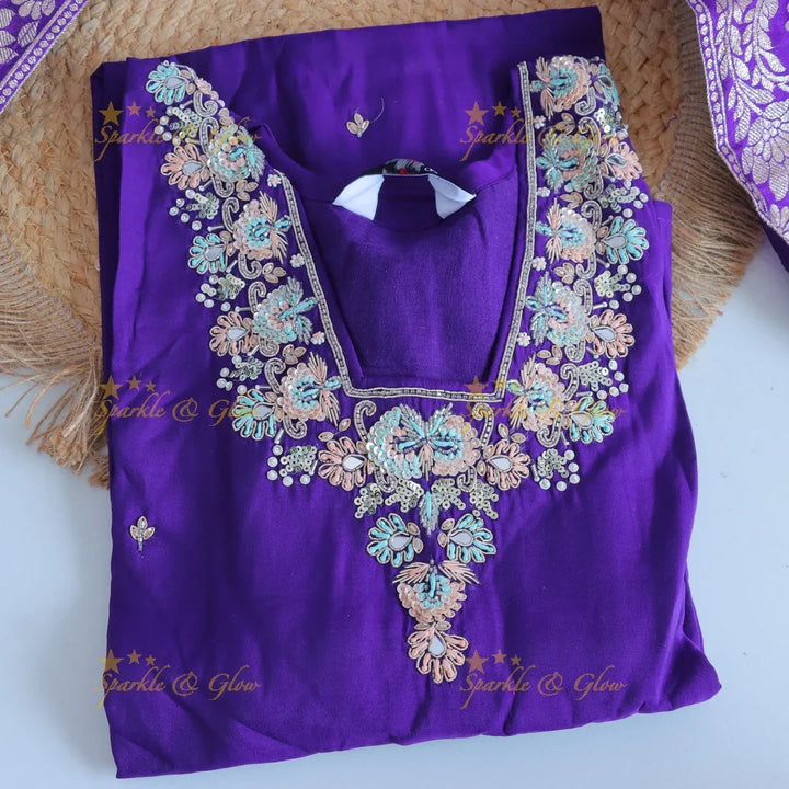 Gorgeous Roman Silk Kurti pant with Banarasi jacquard Dupatta set- Purple - Sparkle and Glow