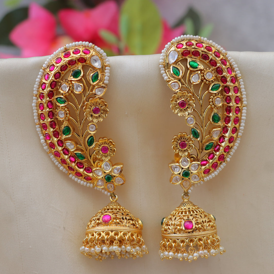Grand Jadau Kundan Floral Ear Cuff Earrings with Jhumkas