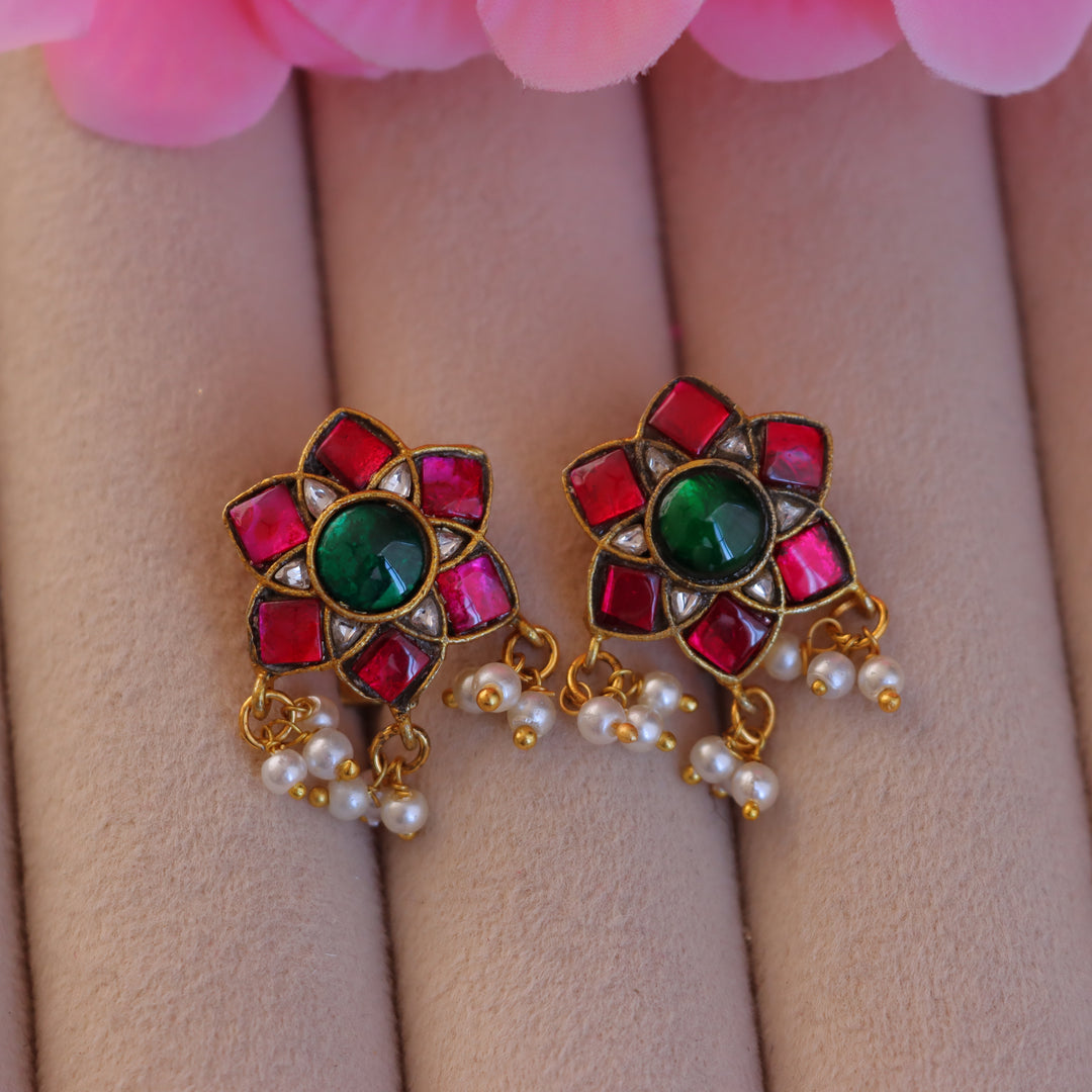 Traditional Pink Green Floral Bugadi Earrings with Pearls