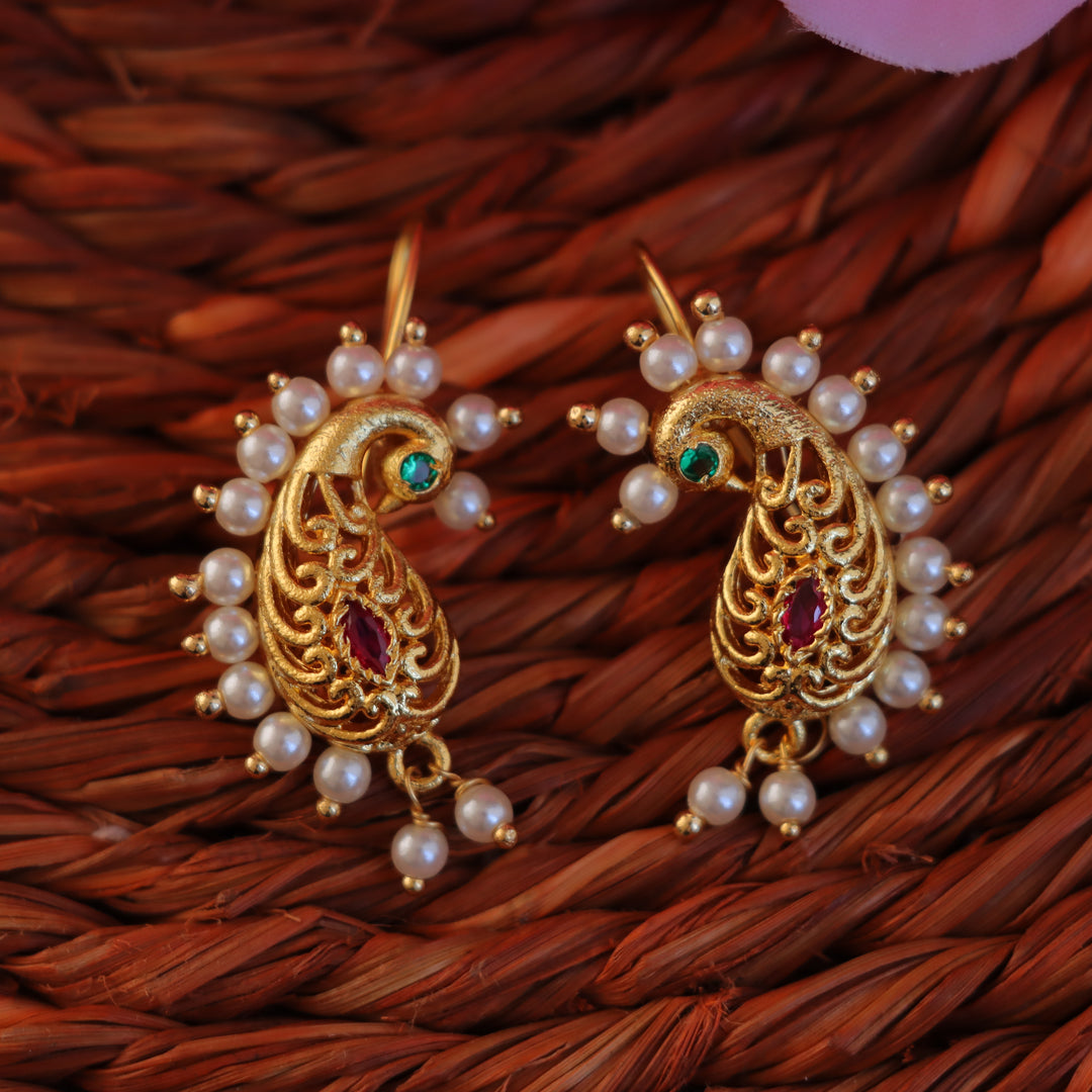 Peacock Design Bugadi Earrings with Pearl & Pink Stone