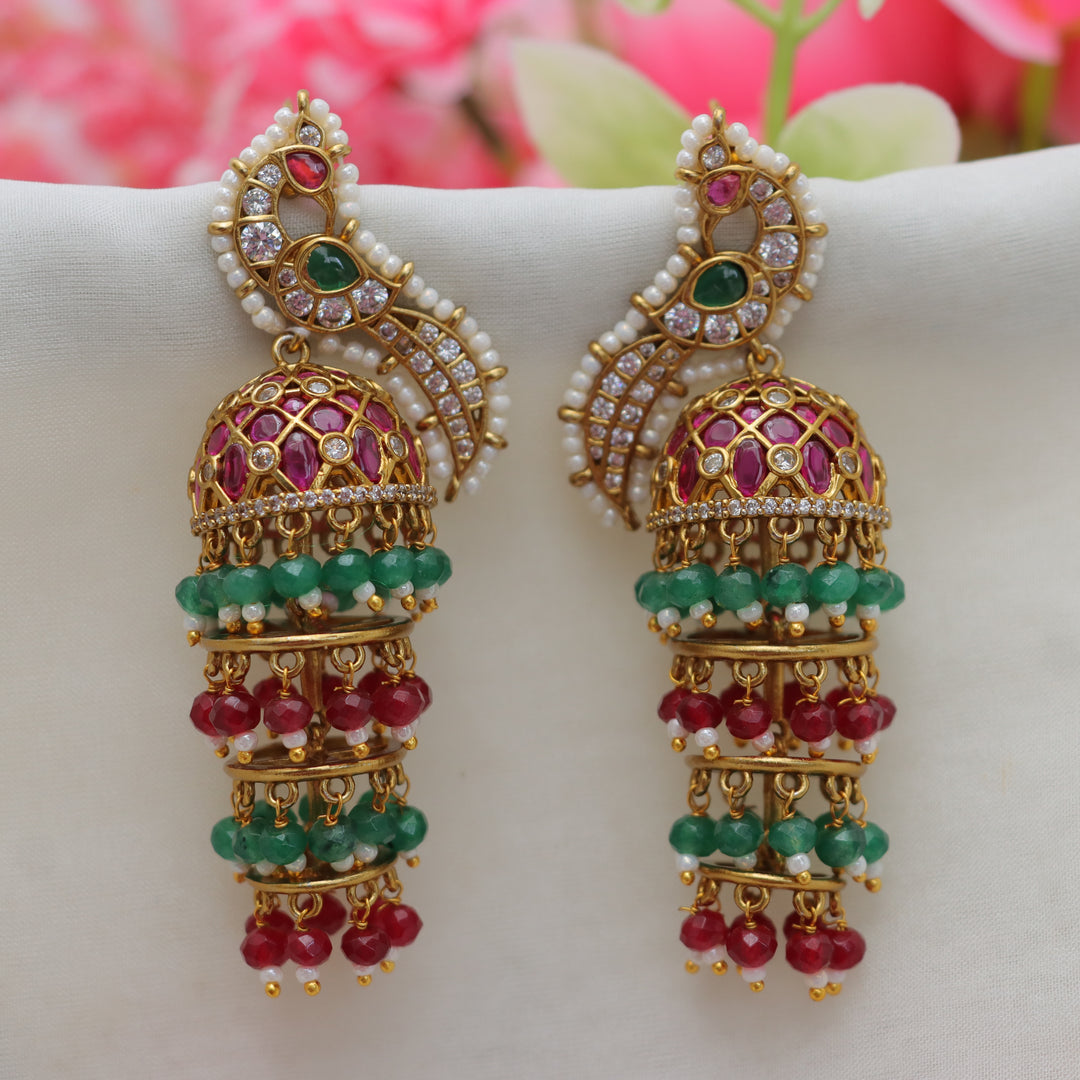 Grand Jadau Kundan Peacock Jhumka with Gemstone Drops